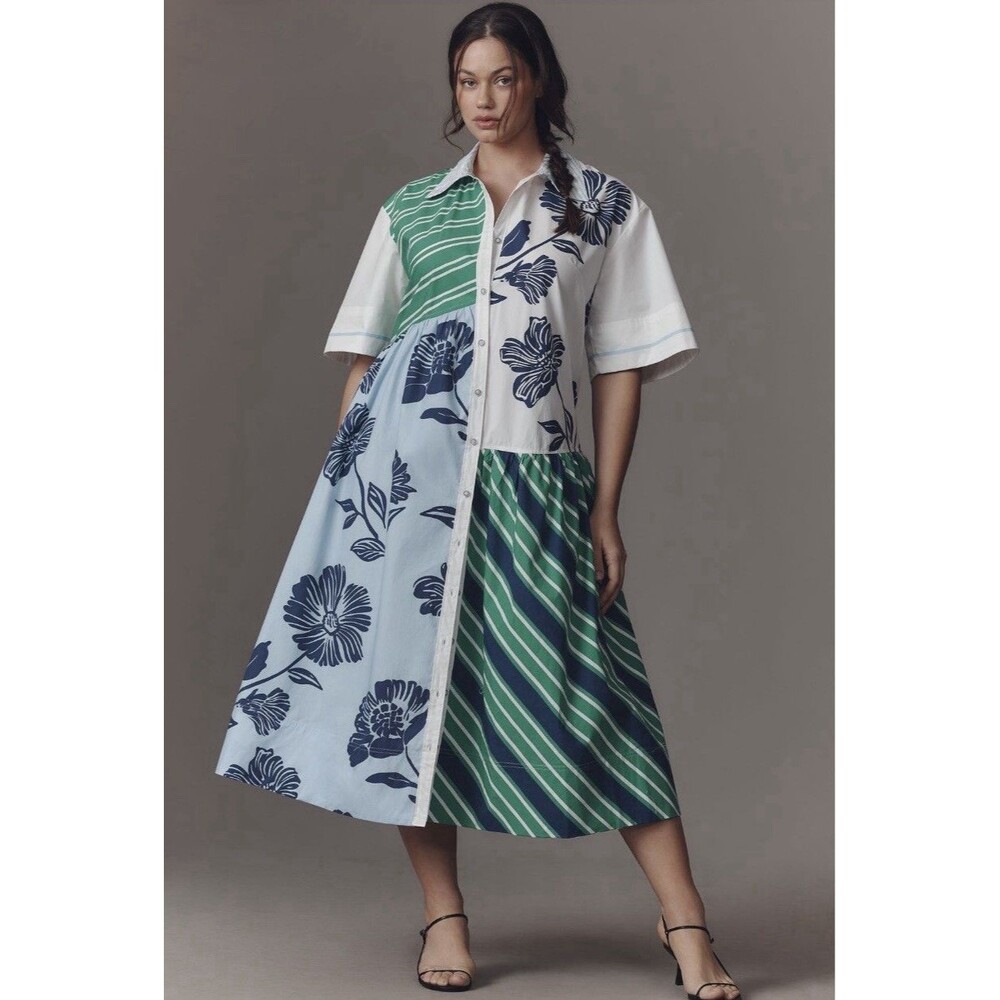 Anthropologie Maeve Beatrix Mixed Print  Shirt Dress Sz Md Blue